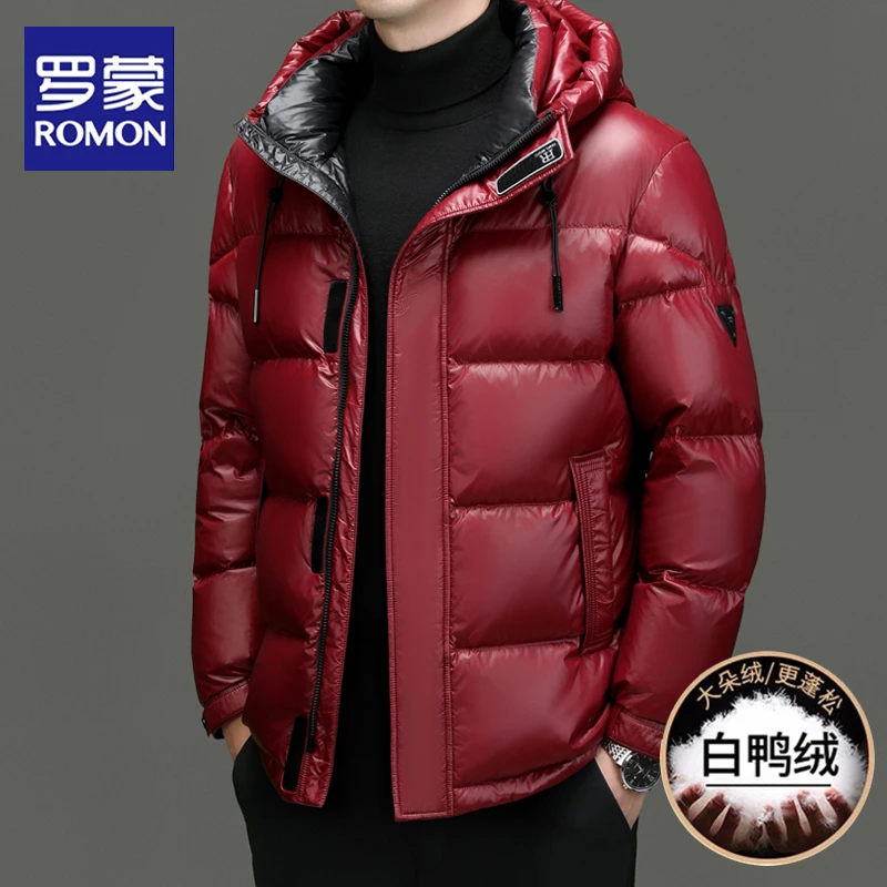 罗蒙罗蒙羽绒服男短款2025冬季新款过年红色高端亮面加厚白鸭绒外