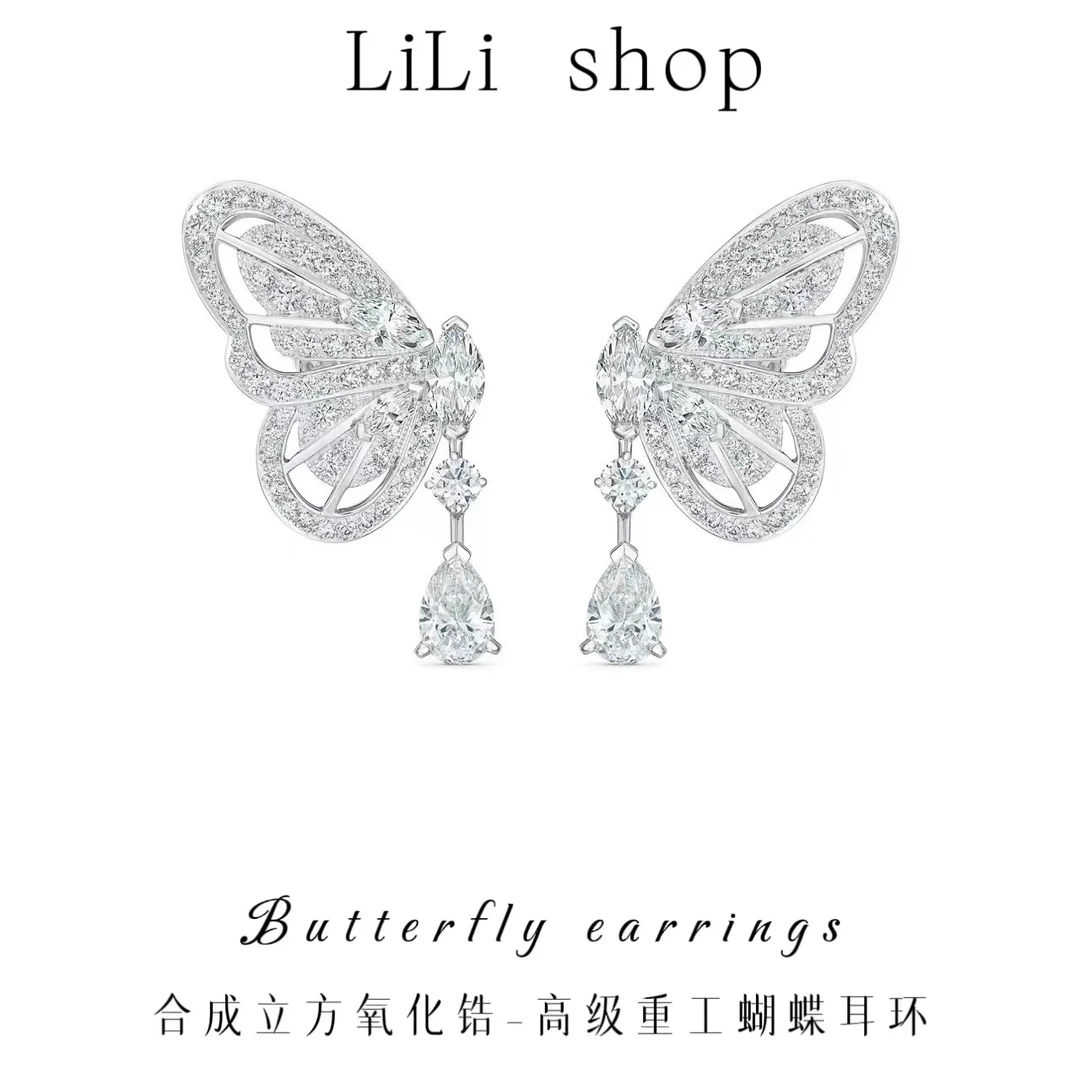 铜合金合成锆石耳饰 铜合金合成立方氧化锆满镶蝴蝶耳环重工满钻