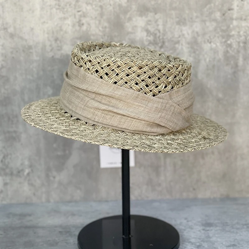 法式度假草帽女咸草编凹顶礼帽夏天防晒遮阳帽复古百搭休闲沙滩帽