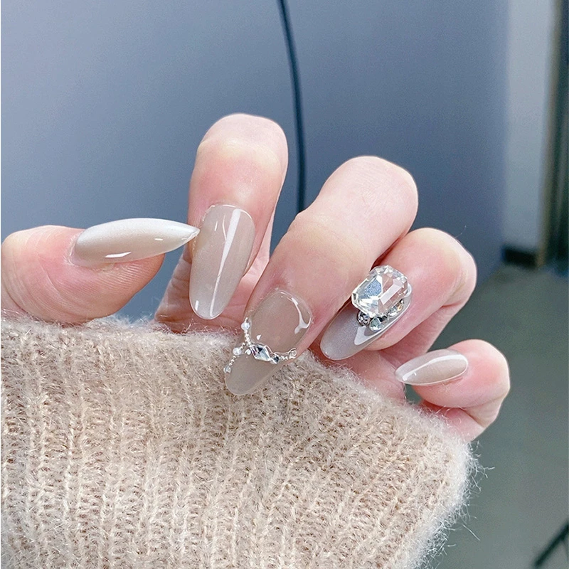 【星河倒卷】春季款纯手工穿戴甲香槟高级感猫眼美甲镶钻长款指甲片