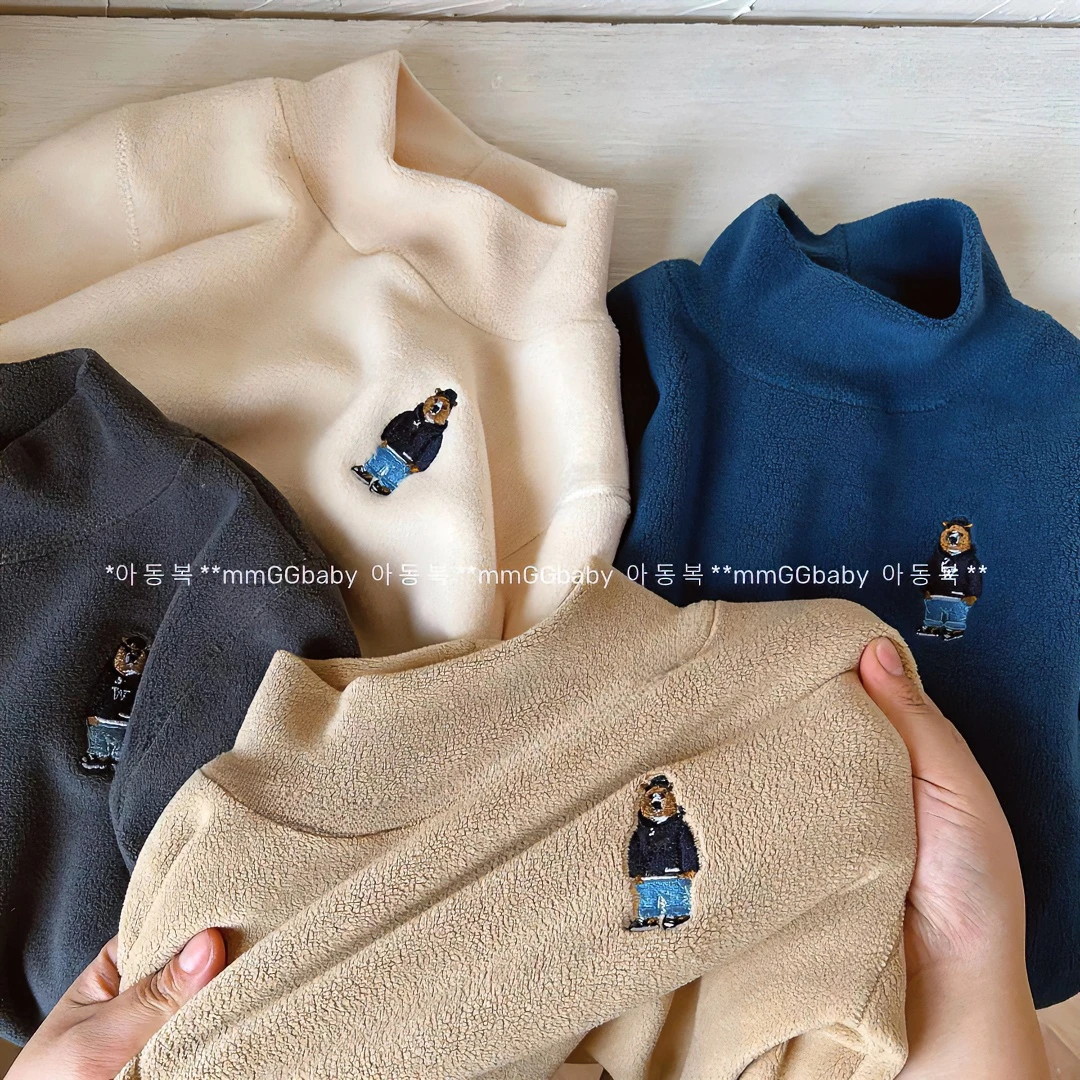 儿童加绒中领打底衫女弹小童一体绒半高领男宝宝保暖衣套头长袖