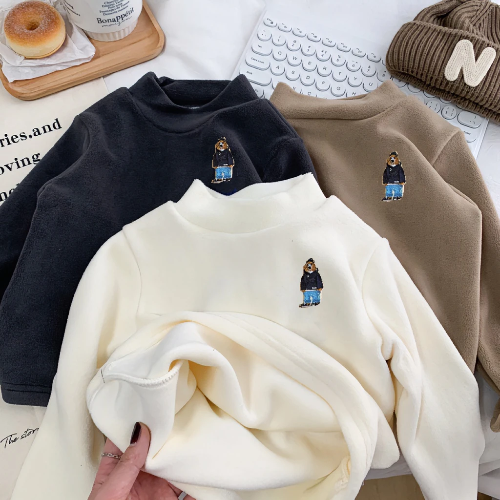 男女童加绒打底衫儿童一体奥粒绒半高领内搭中小童卡通小熊上衣潮