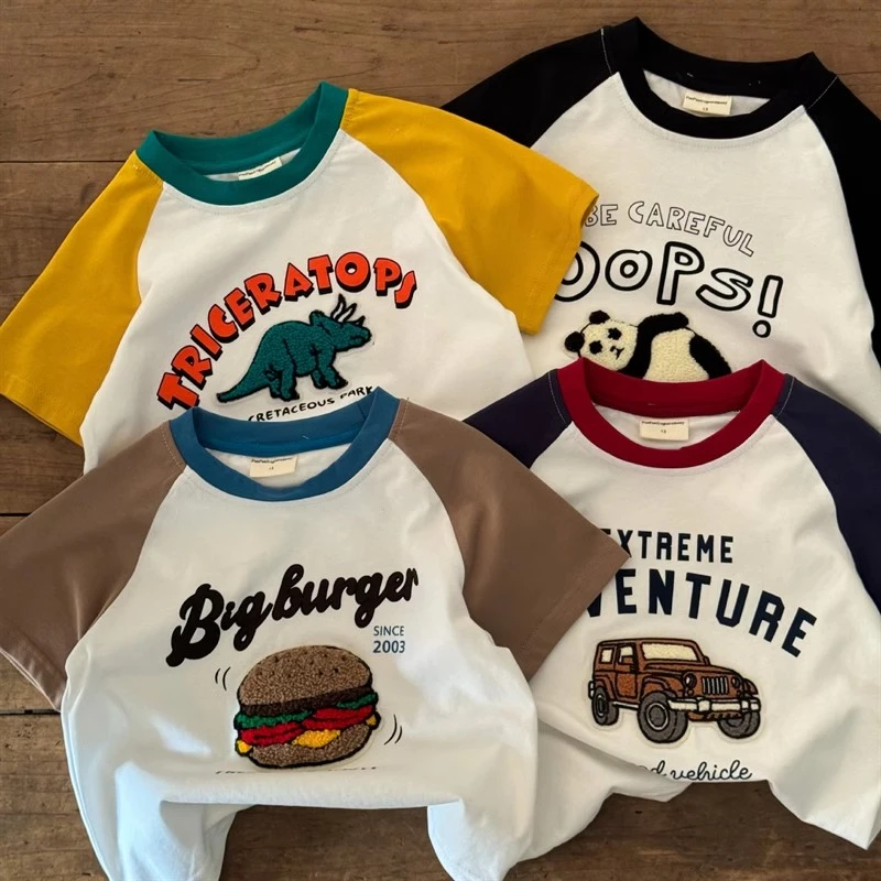 儿童短袖2025年夏款男女童卡通印花贴布短袖T恤宝宝圆领撞色T恤潮