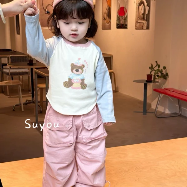 DEYAO/得遥新款春秋季韩版女宝宝休闲卡通小熊拼色长袖T恤打底ins