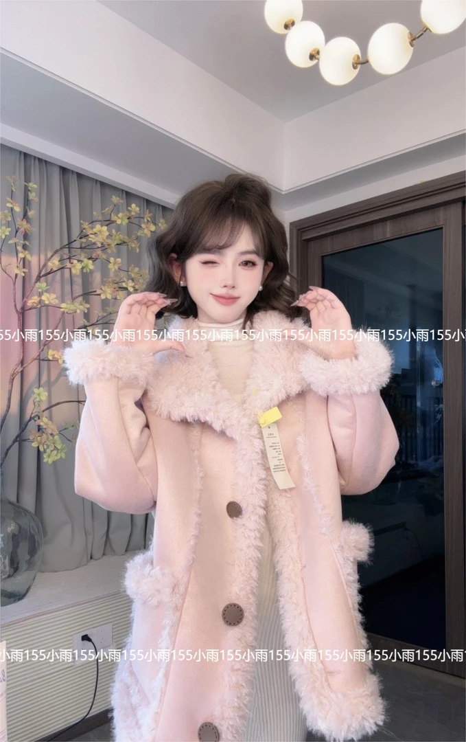 【樱花故事】短款皮毛一体外套女冬新款毛毛外套大衣