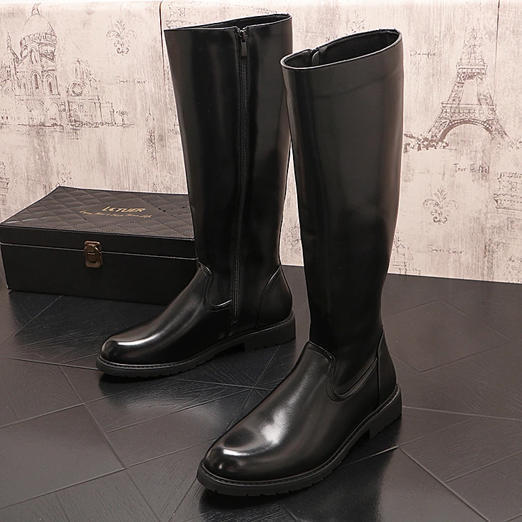 加绒长靴骑士靴百搭黑色烟筒靴休闲百搭时尚长靴男中筒韩版长筒靴