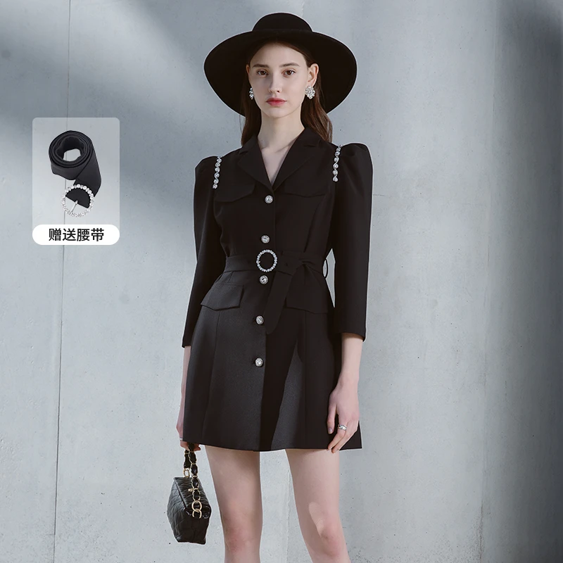 【诗语专属】恩曼琳钻饰链条泡泡袖收腰西装连衣裙EANDAA48