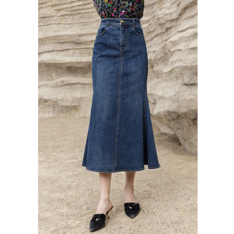 ANMANI恩曼琳早秋新款时尚高腰包臀鱼尾牛仔半身裙长裙EANEAA63