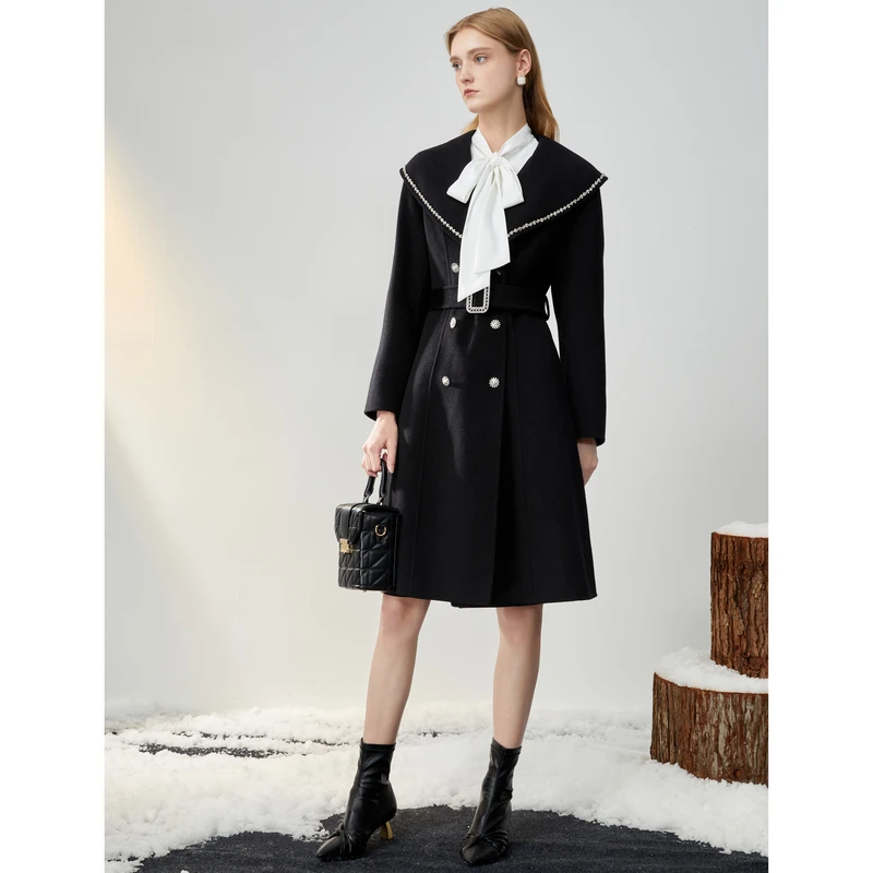 丽公主恩曼琳秋冬新款100%羊毛双面呢收腰中长款大衣EANCDB61