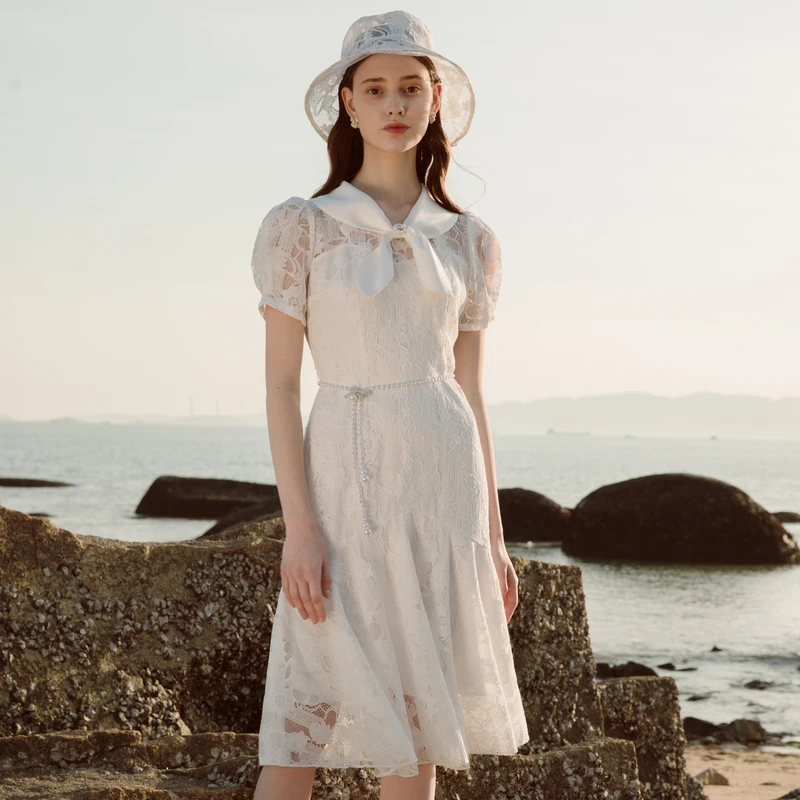 专享恩曼琳夏季法式优雅蝴蝶结领鱼尾蕾丝连衣裙EANDBH08