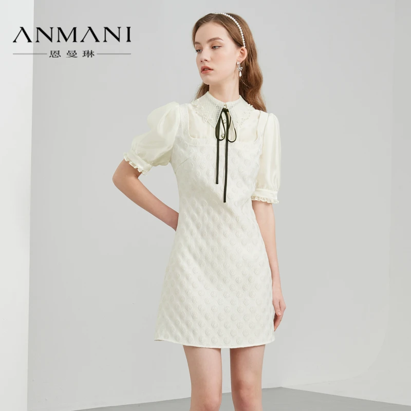 ANMANI恩曼琳夏系带翻领肌理感拼接蕾丝珍珠纽扣连衣裙EANCBH14
