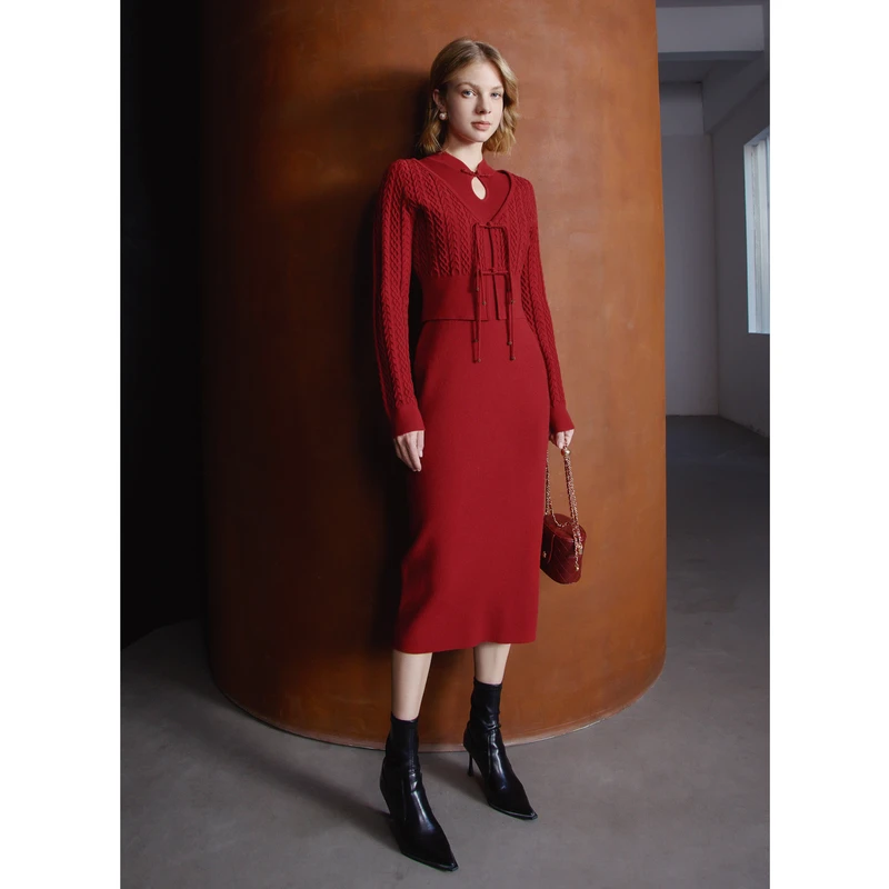 ANMANI恩曼琳新款新中式立领盘扣针织连衣裙两件套EANEAA89