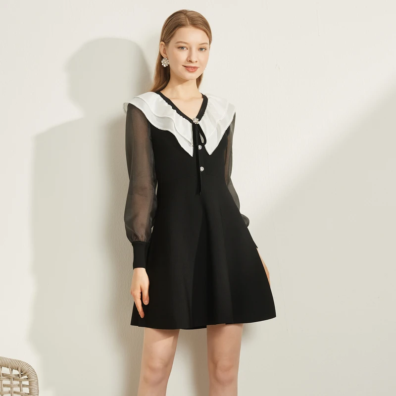 【千颂妮专享】恩曼琳撞色荷叶边V领高腰显瘦长袖针织连衣裙EANDAL2