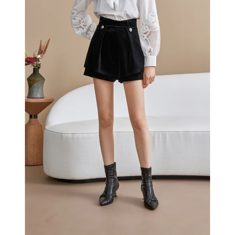 【赵老板专属】恩曼琳秋季复古高腰黑色丝绒A字阔腿短裤EANDCH05