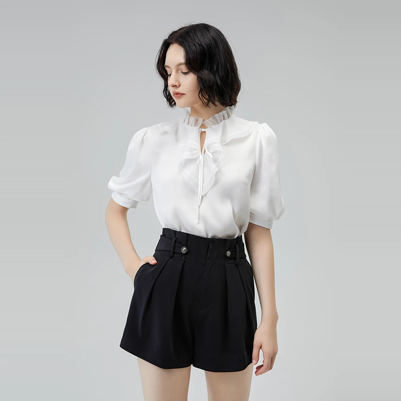 ANMANI恩曼琳夏季优雅都市荷叶领木耳边白色衬衫EANEBH08