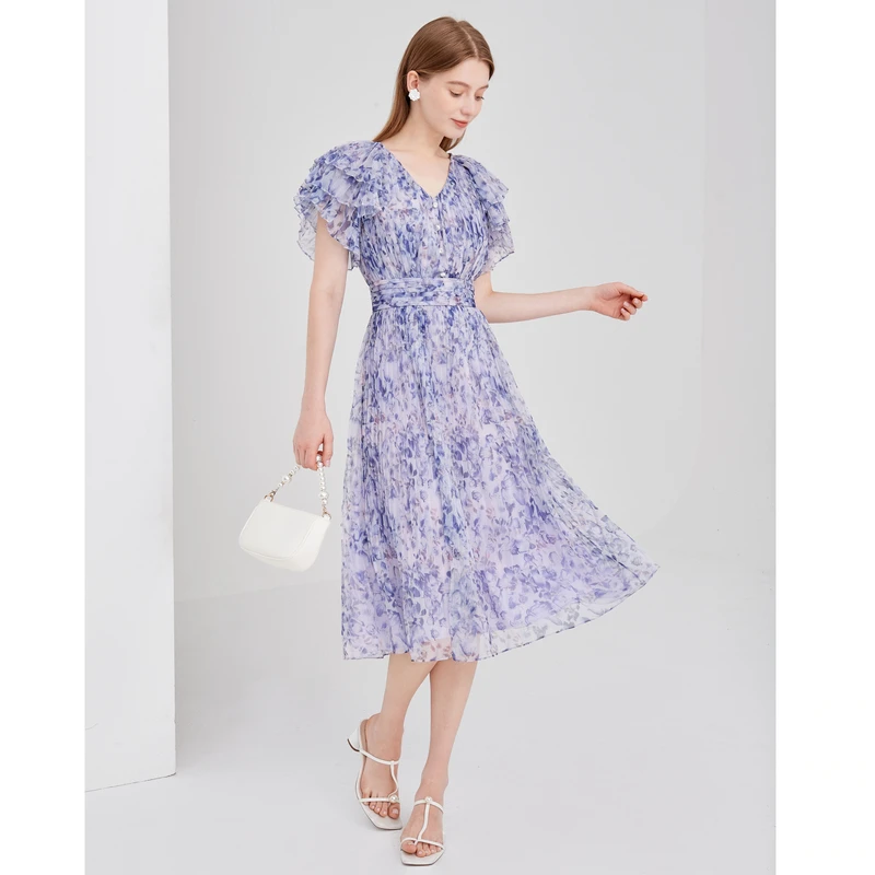 ANMANI恩曼琳春夏新款V领法式折扇袖碎花收腰连衣裙女EANCBB34