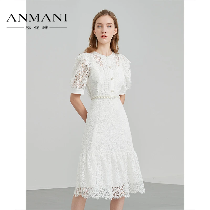 ANMANI恩曼琳丁达尔穿搭水溶蕾丝珍珠腰带镂空收腰连衣裙EANCBA02