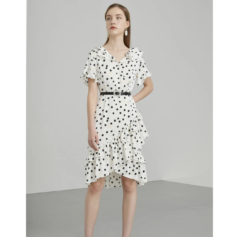 ANMANI恩曼琳春夏法式波点木耳边V领收腰连衣裙女EANCBA63