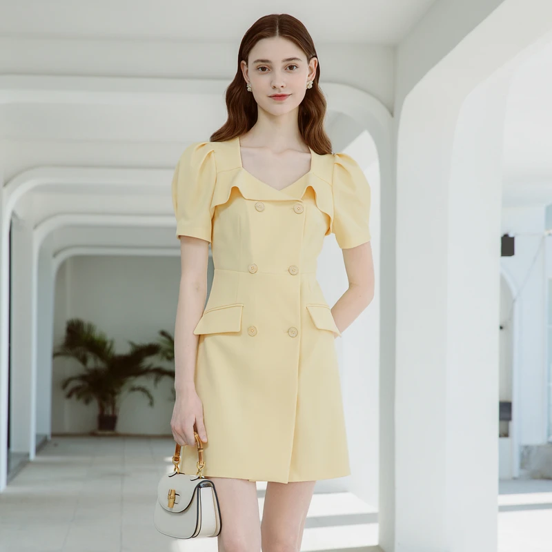 【陈大可专属】恩曼琳夏季法式优雅复古方领收腰西装连衣裙EANDBA44