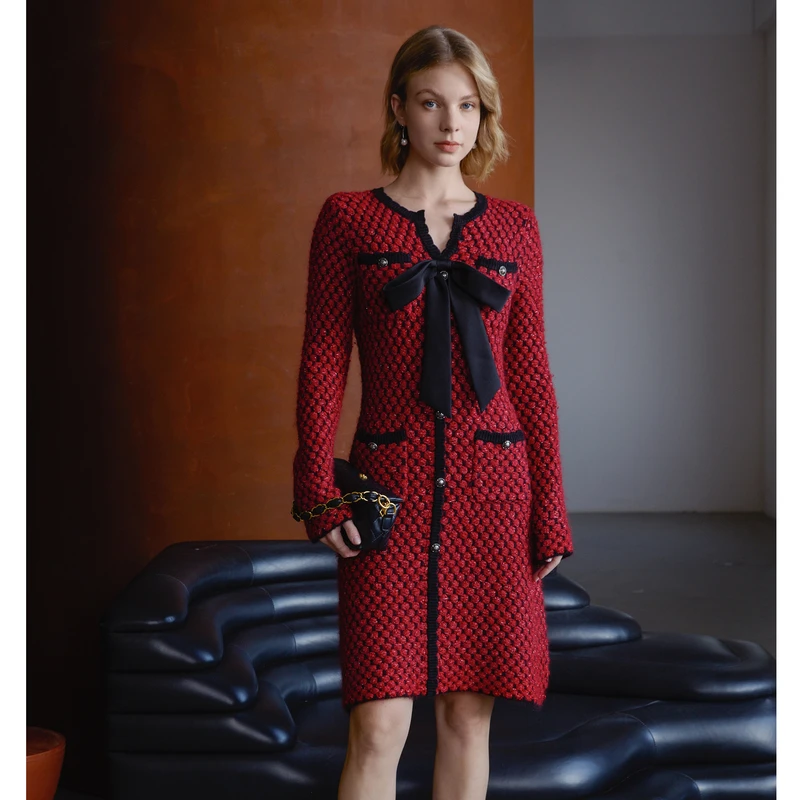 【简衣专属】恩曼琳春季新款红色小香风蝴蝶结修身针织连衣裙EANEAI