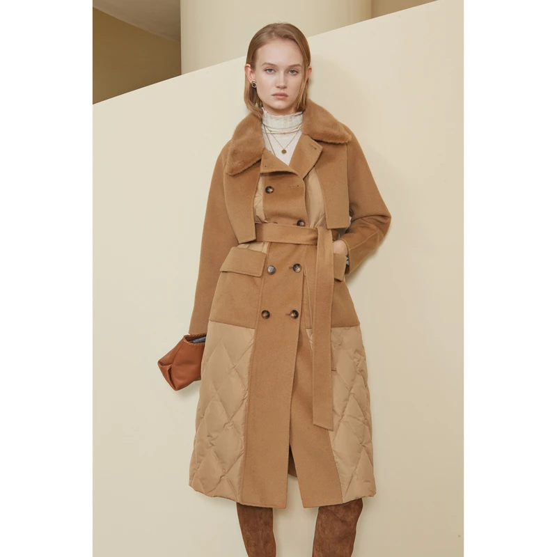 【达人专属】【防寒】恩曼琳秋冬新款翻领毛呢拼接羽绒服大衣EANDDW04