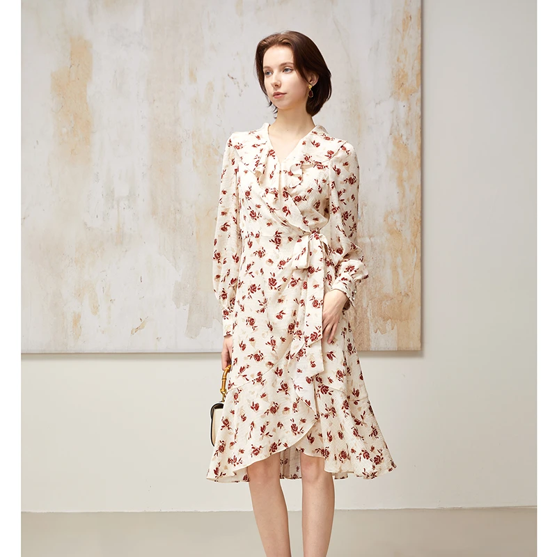 ANMANI恩曼琳24春季新款气质V领荷叶边不规则下摆连衣裙EANEAA36