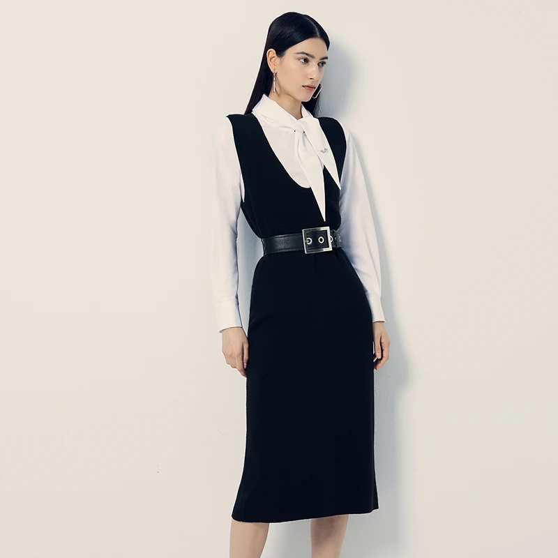 【千颂妮专享】恩曼琳秋季通勤衬衫拼接时尚黑色针织连衣裙EANECA28