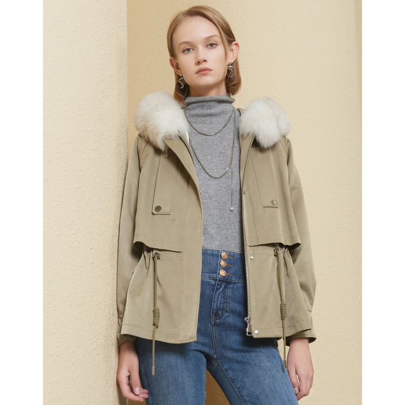 【千颂妮专享】恩曼琳秋冬新款狐狸毛领连帽羽绒内胆短款派克服EAND