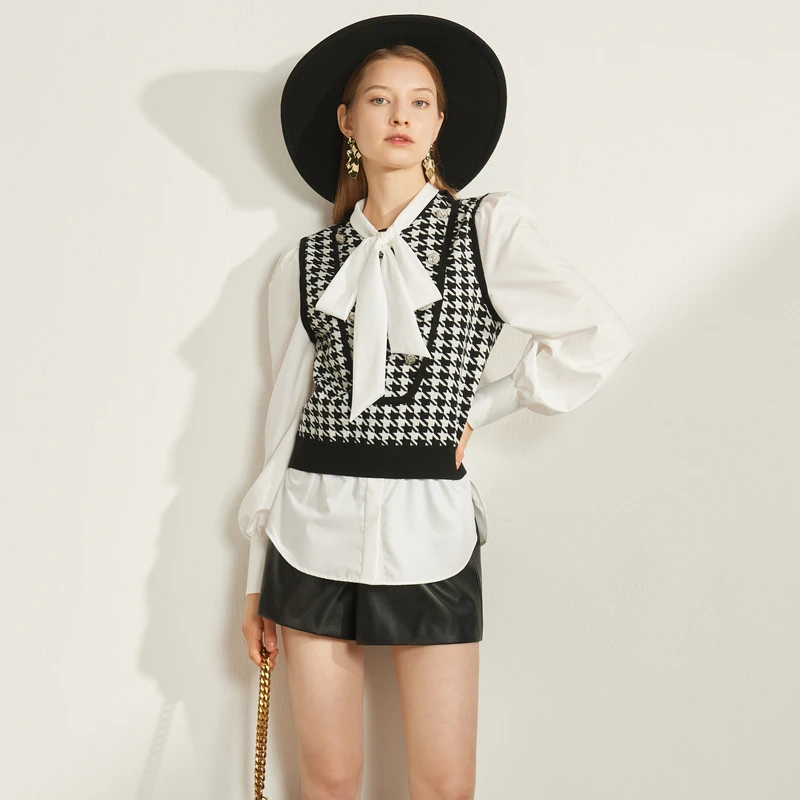 【千颂妮专享】恩曼琳秋季新款系带蝴蝶结衬衫针织马甲两件套EANCDA