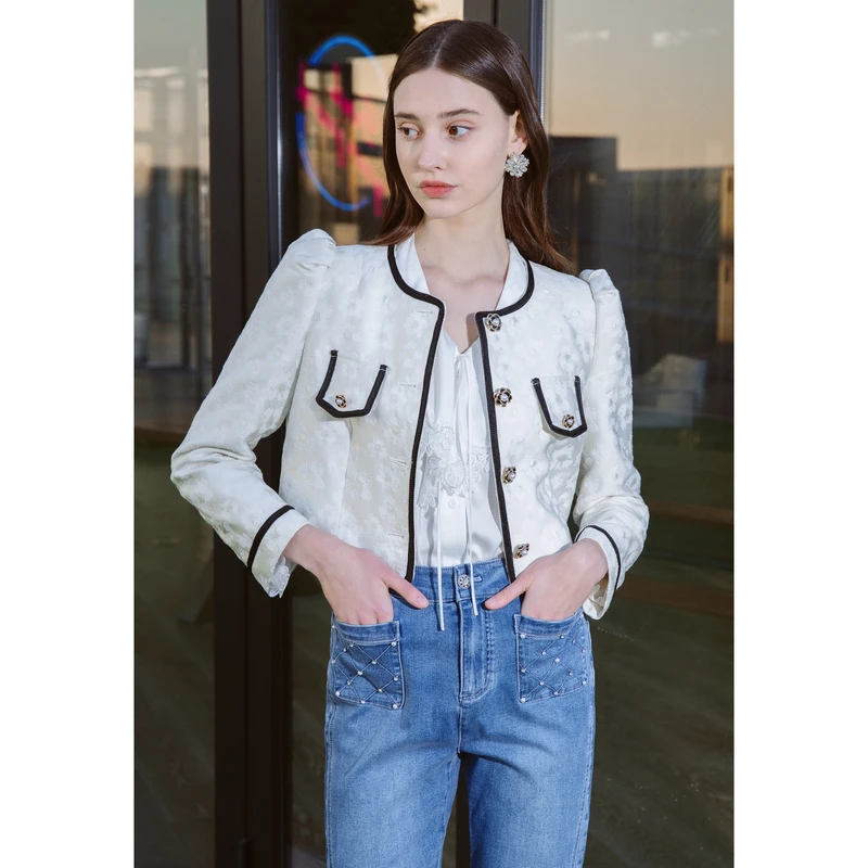 【达人专属】ANMANI恩曼琳初春黑白撞色提花短款外套小香风EANDAB13