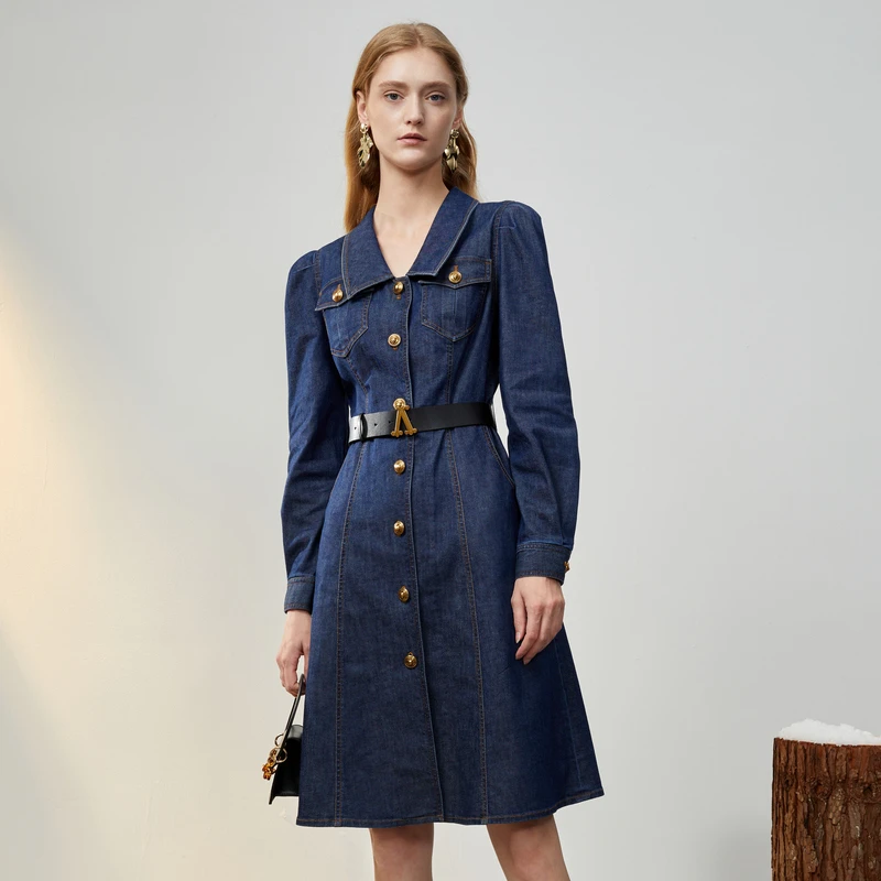 ANMANI恩曼琳秋冬新款复古气质带腰带长袖牛仔A字连衣裙WANCDA15