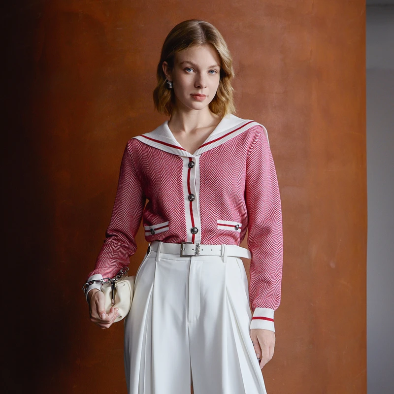 （Nanaco专属）恩曼琳早春新款时尚红白撞色条纹海军领针织开衫EANE