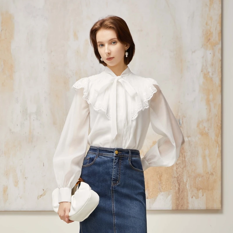 【若谷粉丝专属】恩曼琳早春新款设计感飘带领绣花荷叶边长袖衬衫EA
