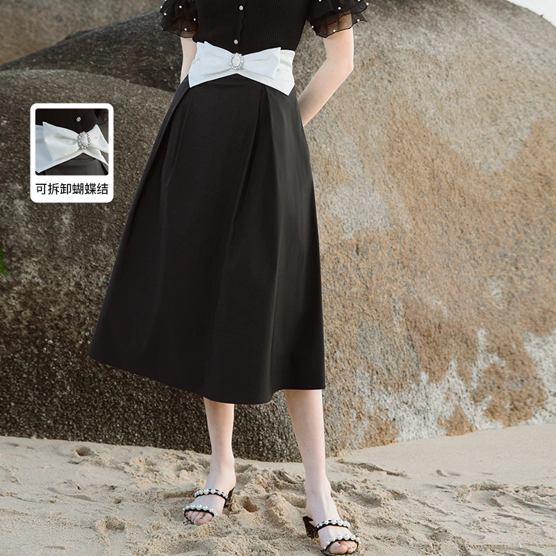 【诗语专属】恩曼琳夏季法式优雅蝴蝶结腰封A字半身裙EANDBB