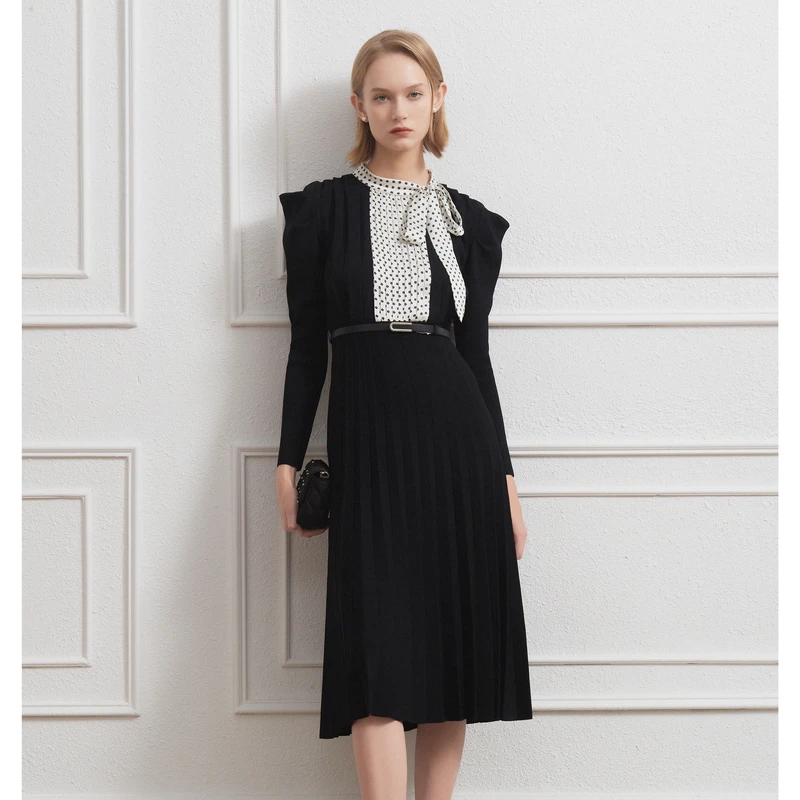 【诗语专属】恩曼琳春优雅印花拼接收腰A摆针织连衣裙EANDDB55