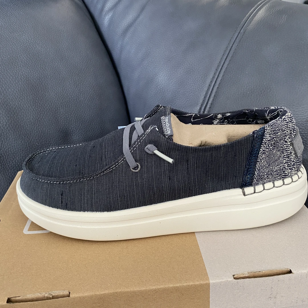 意大利轻奢都德DUDE一脚蹬轻便透气EVA厚底黑色帆布鞋