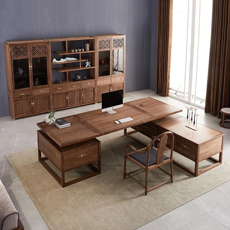 新中式办公桌老板桌椅组合实木大气总裁桌胡桃木大班台办公室家具