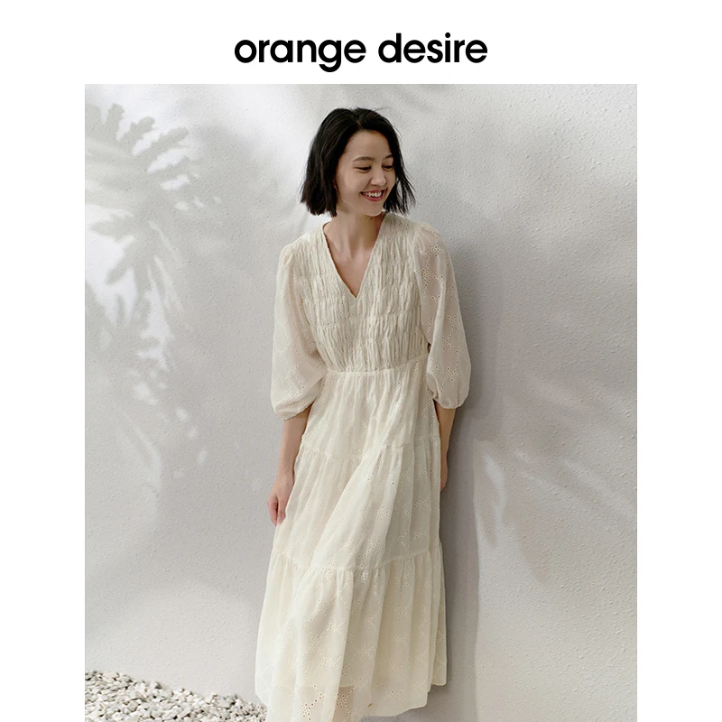 orange desire法式白色连衣裙女2023夏季新款泡泡袖优雅蛋糕裙子