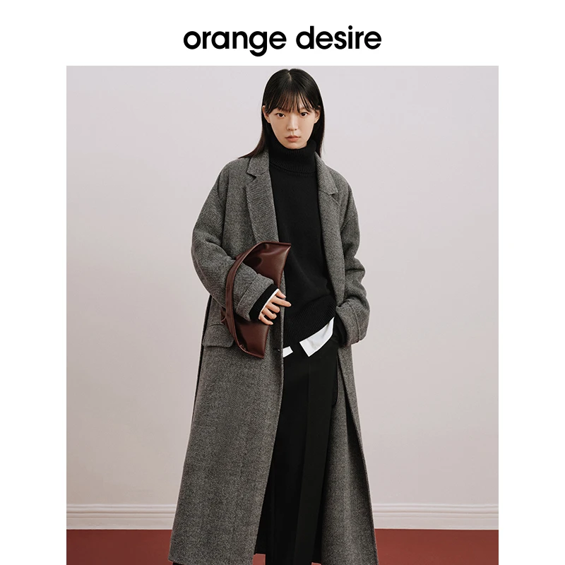 orange desire复古澳毛人字纹长款毛呢大衣OD2DWWWF025