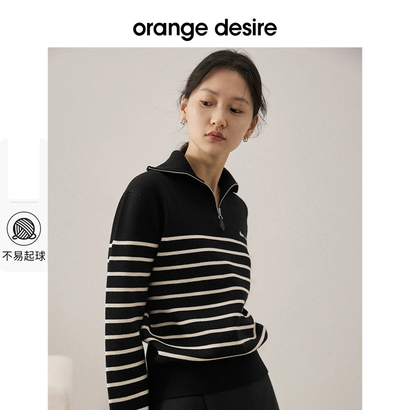 秋冬可机洗拉链翻领条纹针织衫学院风复古撞色毛衫OD22WZ2028