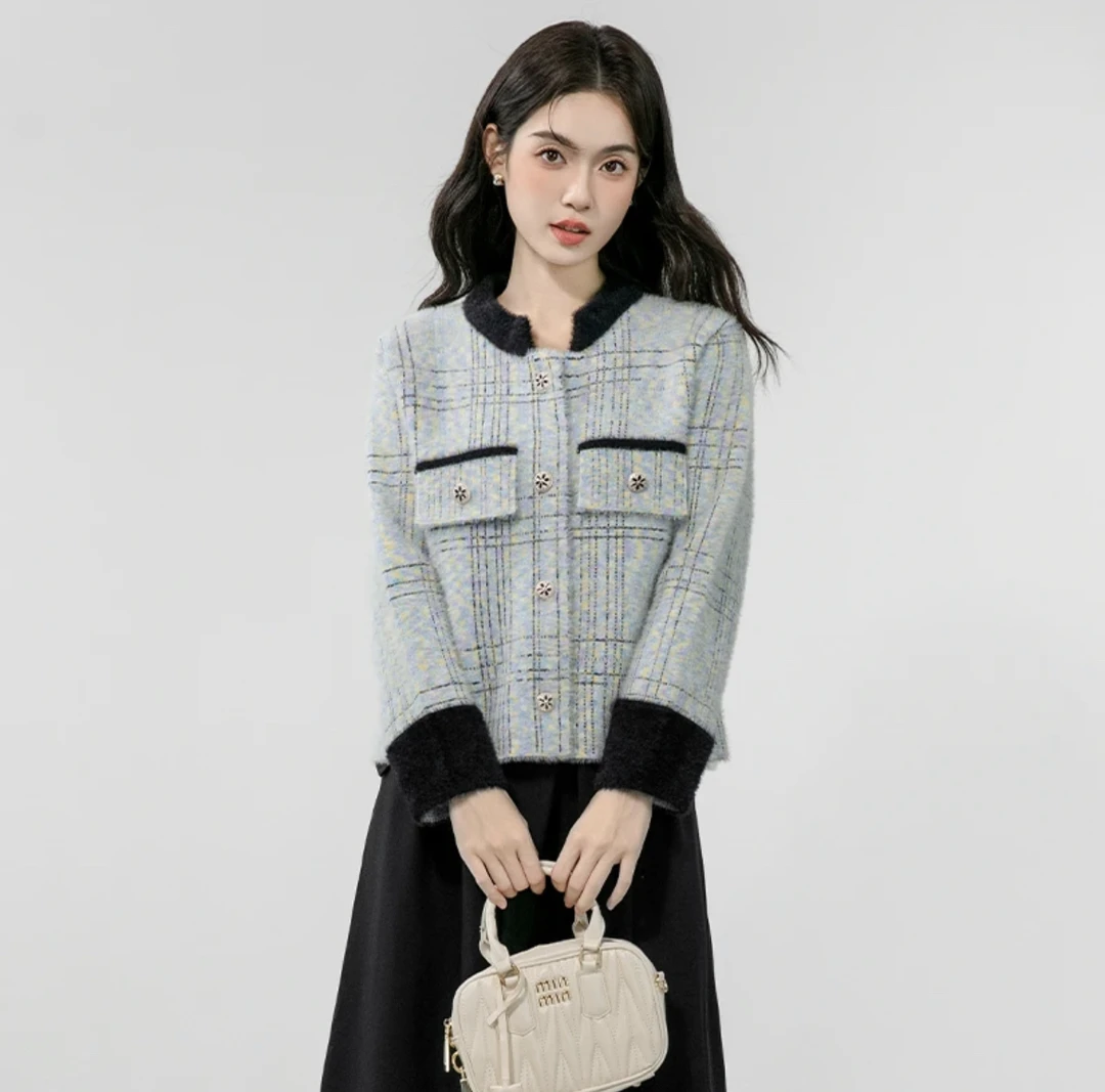 秋冬新款女装小香风撞色外套甜美格纹宽松单排扣设计感长袖