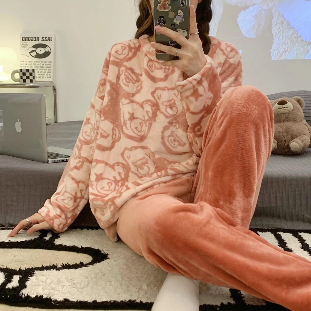 2024新款秋冬季睡衣女加厚圆领套头法兰绒家居服甜美简约两件套装