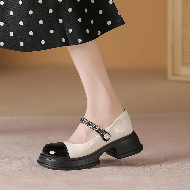 2024春秋新款厚底玛丽珍小皮鞋女链条珍珠拼色小香风粗跟单鞋百搭