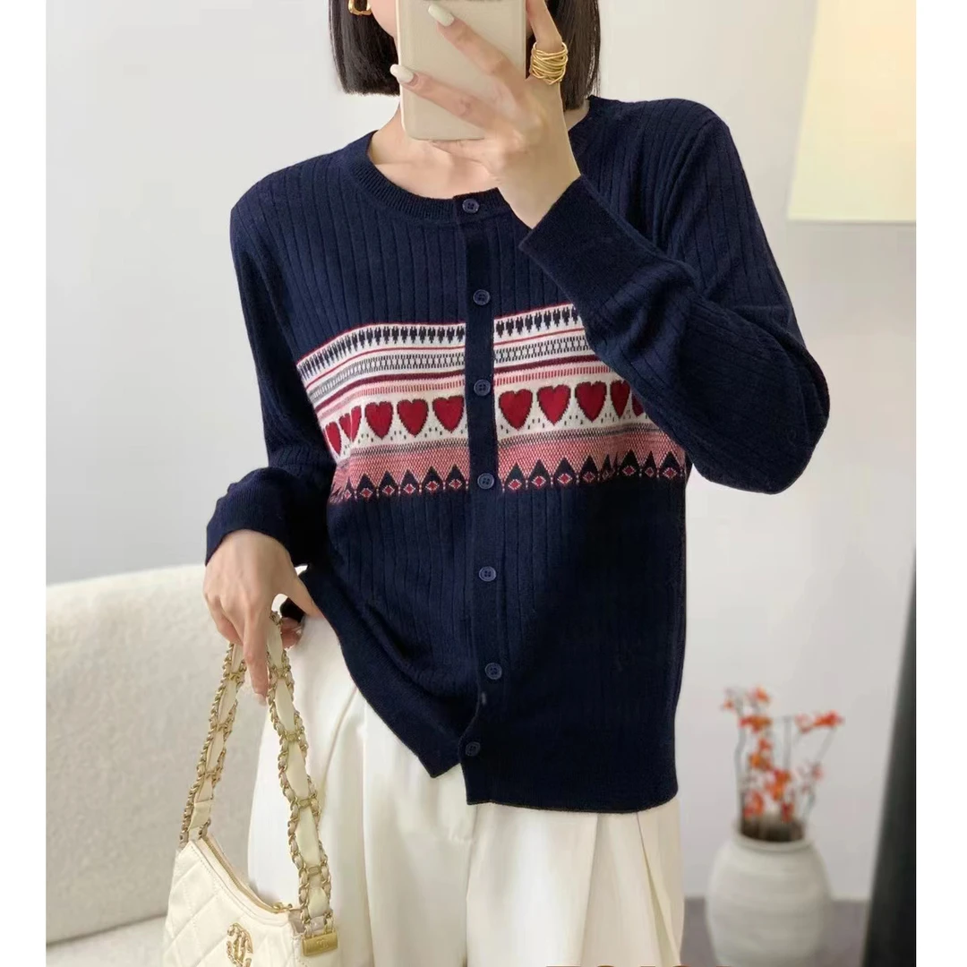 【藏青爱心提花开衫】秋季新款长袖撞色外穿针织开衫女毛衣外套洋气