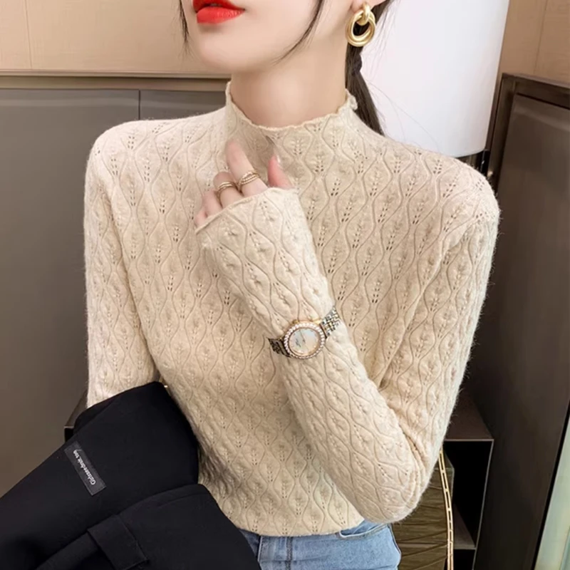 立体钩花~软糯百搭秋冬季半高领洋气打底衫时尚女式针织衫上衣