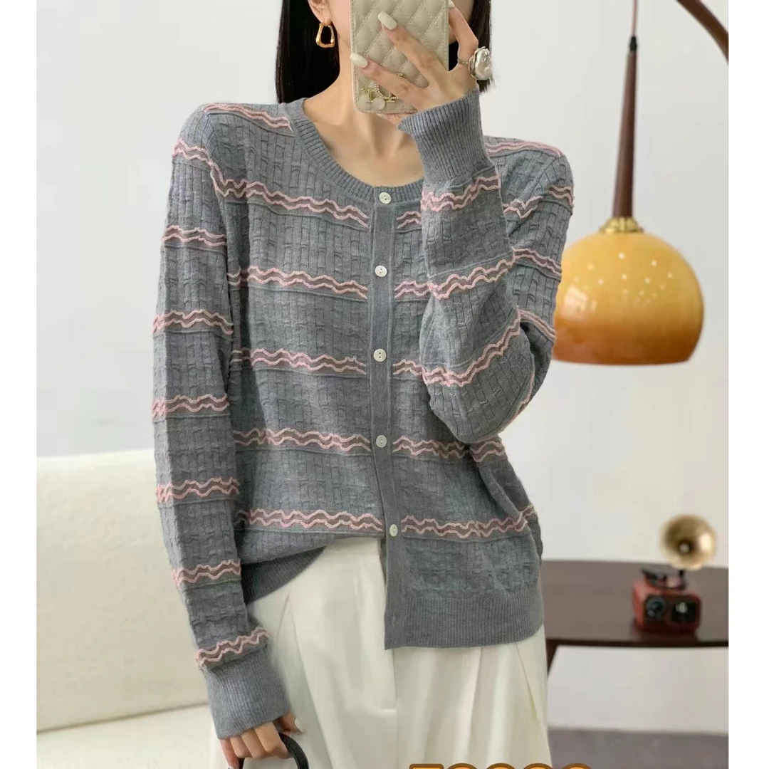 【拼色条纹提花】绵羊毛~气质显瘦百搭秋季新款长袖针织衫女装外套