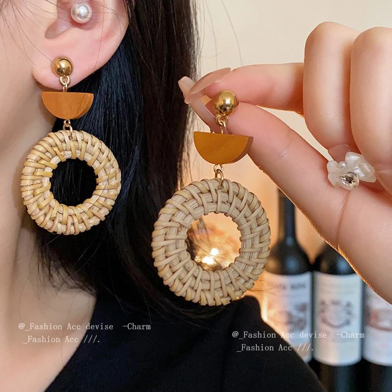 铜合金耳饰 圆形草藤编织度假风个性耳钉