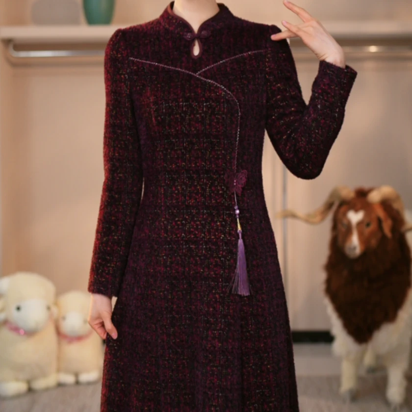 璐娅娜品牌专享新中式旗袍加厚秋冬新款雪尼尔绒中长款显瘦连衣裙