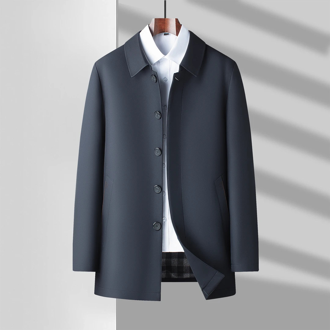 男士男装休闲中长款商务翻领中老年时尚宽松修身春秋外套纯色长袖