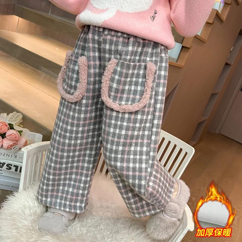 女童加绒毛呢格子裤洋气儿童秋冬装新款女宝宝加厚一体绒裤子小童